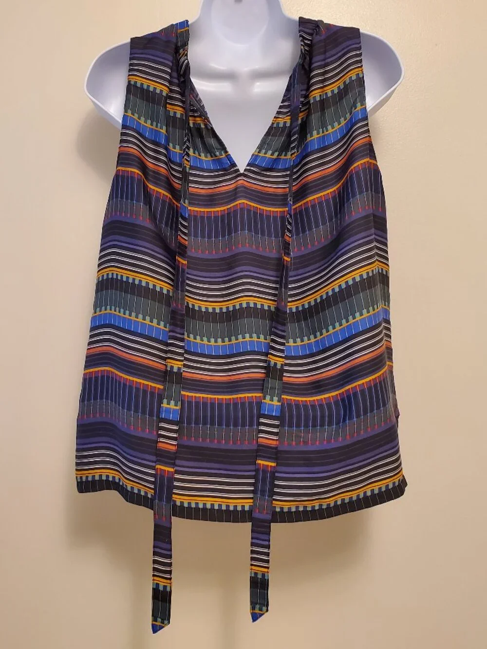 LOFT Festival Striped Multi-Color Tie Back High Neck Sleeveless Top Blouse - SP - Picture 8 of 12